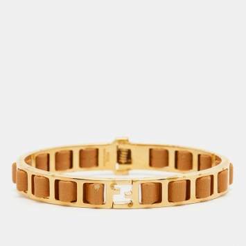 Pre Owned Fendi Fendista Gold Tone Brown Leather Woven Bangle Bracelet