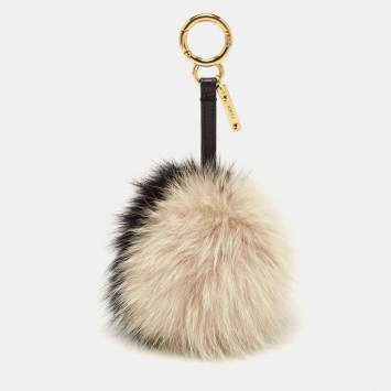 Pre Owned Fendi Black/Beige Fox Fur Pom Pom Bag Charm