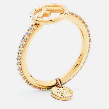 Pre Owned Fendi F is Fendi Gold Tone Crystal Logo Ring Size EU 54.5