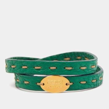 Pre Owned Fendi Selleria Leather Gold Tone Double Wrap Bracelet