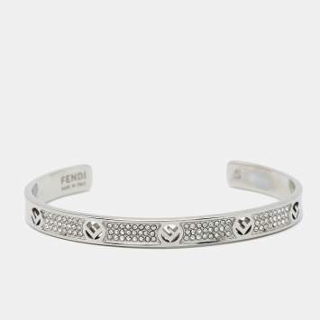 Pre Owned Fendi F Is Fendi Crystal Silver Tone Open Cuff Bracelet S