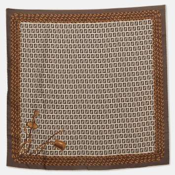 Pre Owned Fendi Brown Zucca Print Silk Square Scarf
