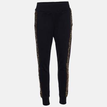 Pre Owned Fendi Black Knit Contrast Logo Print Trim Trackpants M