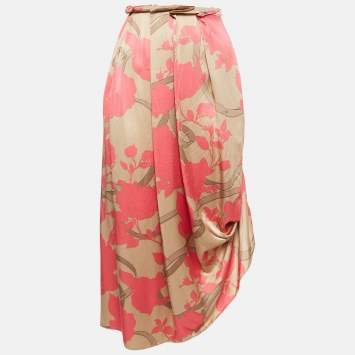 Pre Owned Fendi Pink Rose Print Silk Pleated Asymmetric Midi Skirt S