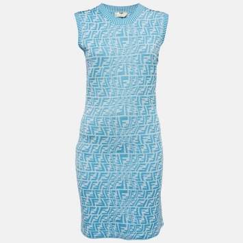 Pre Owned Fendi X Sarah Coleman Blue FF Vertigo Jacquard Knit Bodycon Dress M