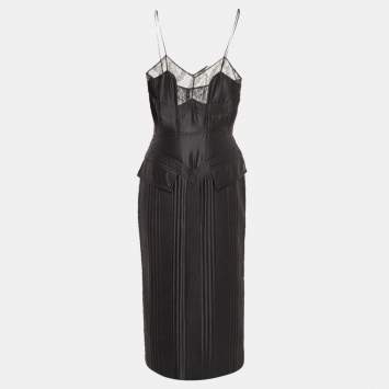 Pre Owned Fendi Black Quilted Silk Lace Trimmed Midi Dress M