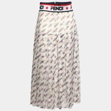 Pre Owned Fendi X Fila White Fendi Mania Print Silk Pleated Midi Skirt M