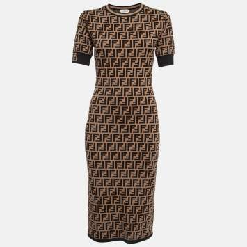 Pre Owned Fendi Brown Zucca Jacquard Knit Fitted Midi Dress S