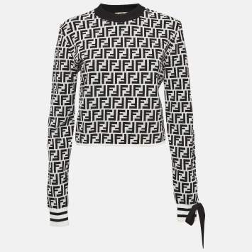 Pre Owned Fendi Monochrome Zucca Jacquard Knit Crop Sweatshirt L