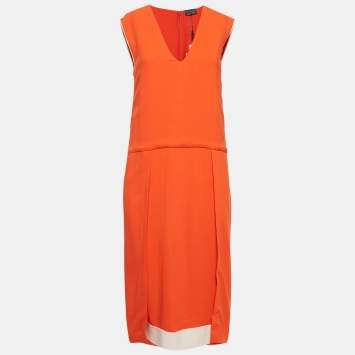 Pre Owned Fendi Orange Crepe V-Neck Pleated Midi Dress S