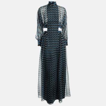 Pre Owned Fendi Blue Printed Silk Cut-Out Maxi Dress M