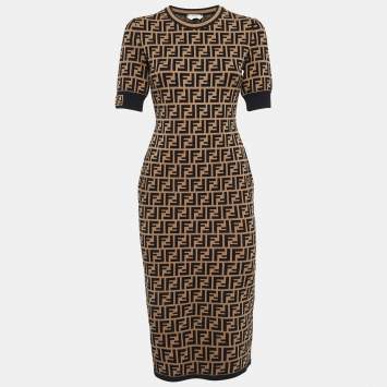 Pre Owned Fendi Brown FF Logo Patterned Knit Short Dress M