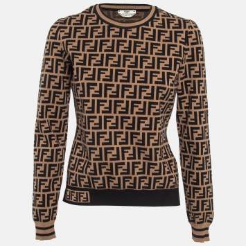 Pre Owned Fendi Brown Zucca Patterned Knit Sweatshirt M