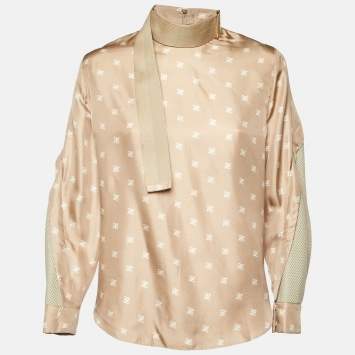 Pre Owned Fendi Beige Calligraphy Print Silk Belted Collar Detail Blouse S