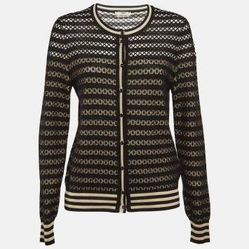 Pre Owned Fendi Black/Beige Silk Patterned Knit Cardigan M