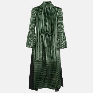 Pre Owned Fendi Emerald Green Printed Silk Midi Dress S