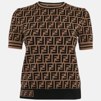 Pre Owned Fendi Brown Zucca Monogram Knit Short Sleeve Pullover S   