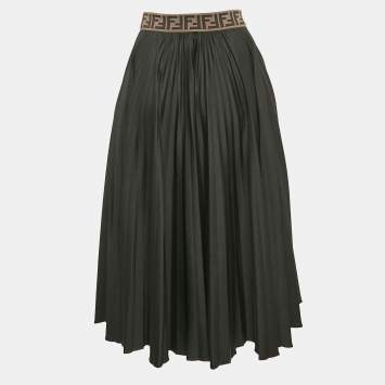 Pre Owned Fendi Black Zucca Trim Waistband Jersey Pleated Midi Skirt S