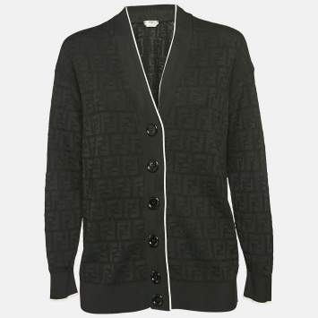 Pre Owned Fendi Black Zucca Jacquard Stretch Knit Button Front Cardigan M