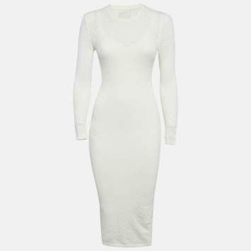Pre Owned Fendi Off White Monogram Jacquard Stretch Knit Long Sleeve Maxi Dress S
