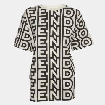 Pre Owned Fendi White/Black Logo Printed Crew Neck T-Shirt S