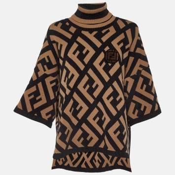 Pre Owned Fendi Brown FF Logo Print Wool Blend Turtle Neck Poncho S