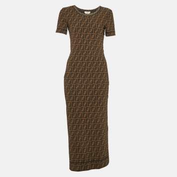 Pre Owned Fendi Brown Zucca Monogram Stretch Mesh Fitted Midi Dress S