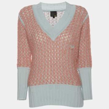 Pre Owned Fendi Peach/Light Blue Cotton Knit Blend Sweater S