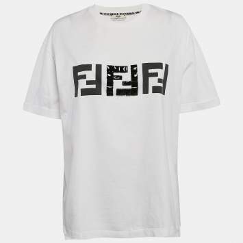 Pre Owned Fendi White Embellished Logo Cotton Oversized T-Shirt L