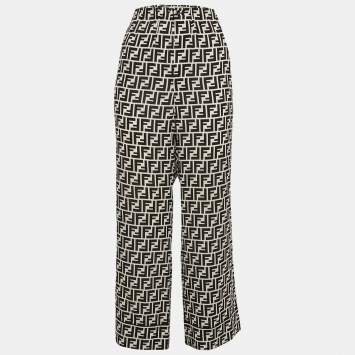 Pre Owned Fendi Black/White Zucca Logo Print Silk Pants M