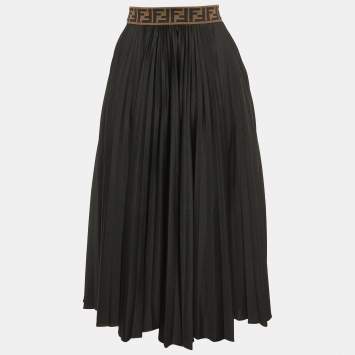 Pre Owned Fendi Black Jersey Logo Waist Band Pleated Midi Skirt S