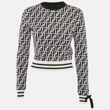 Pre Owned Fendi White/Black FF Logo Jacquard Knit Pullover S