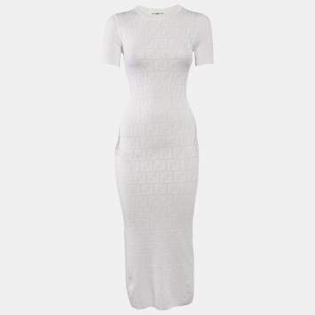 Pre Owned Fendi White FF Monogram Jacquard Knit Midi Sheath Dress XS