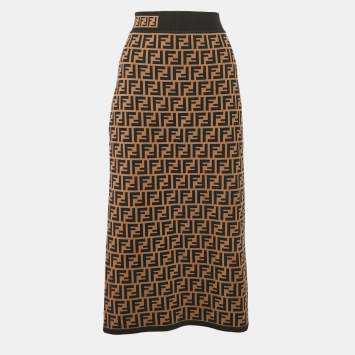 Pre Owned Fendi Brown FF Zucca Jacquard Knit Midi Skirt L