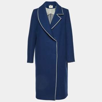 Pre Owned Fendi Navy Blue Fleece Wool Double Breasted Long Coat M