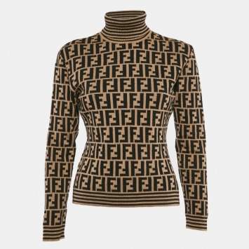 Pre Owned Fendi Vintage Brown Zucca Stretch Knit Turtle Neck Pullover M