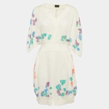 Pre Owned Fendi White Multicolor Distressed Linen Cut-Out Detail Short Dress M