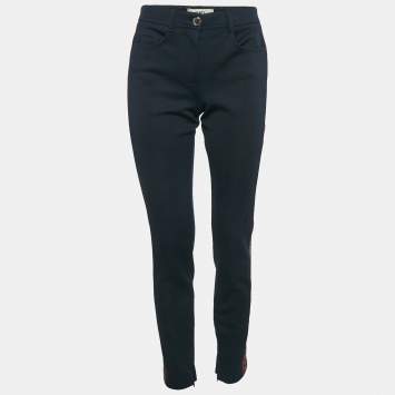 Pre Owned Fendi Navy Blue Pique Jersey Logo Band Detail Trousers S