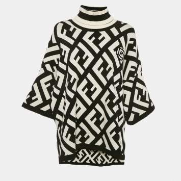 Pre Owned Fendi Black/White Zucca Jacquard Wool Blend Turtle Neck Sweater M