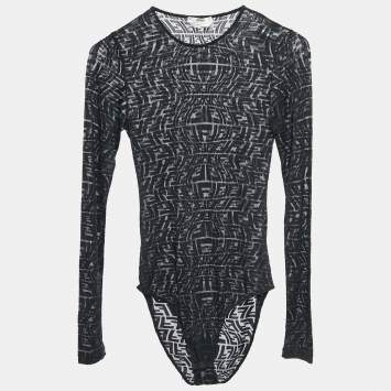 Pre Owned Fendi Black FF Stretch Tulle Sheer Bodysuit XS