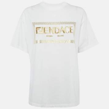 Pre Owned Fendi White Logo Embellished Cotton Crew Neck T-Shirt M