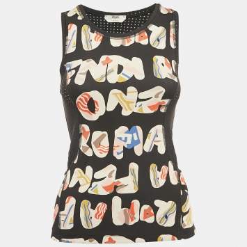 Pre Owned Fendi Black Printed Technical Jersey Tank Top S