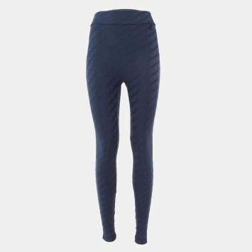 Pre Owned Fendi Navy Blue FF Logo Jacquard Knit Leggings S