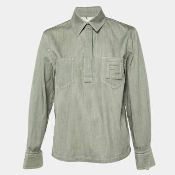 Pre Owned Fendi Grey Cotton FF Pocket Detail Half Placket Top S
