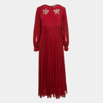 Pre Owned Fendi Red Silk and Crepe Pleated Cocktail Maxi Dress L