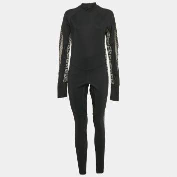 Pre Owned Fendi Black FF Logo Print Jersey Trimmed Jumpsuit M