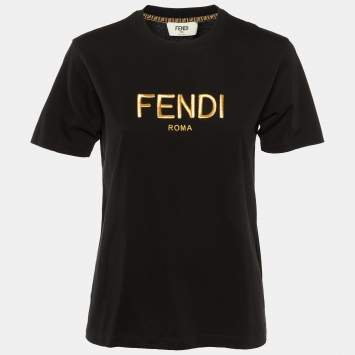 Pre Owned Fendi Black Metallic Logo Embroidered Cotton Crew Neck T-Shirt M