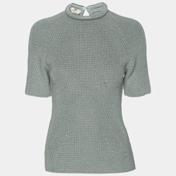 Pre Owned Fendi Mint Blue Knit High Neck Half Sleeve T-Shirt M