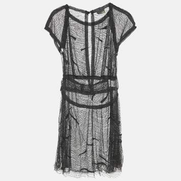 Pre Owned Fendi Black Embroidered Tulle Metal Embellished Sheer Mini Dress M