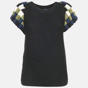Pre Owned Fendi Black Crochet Half Sleeve Top S